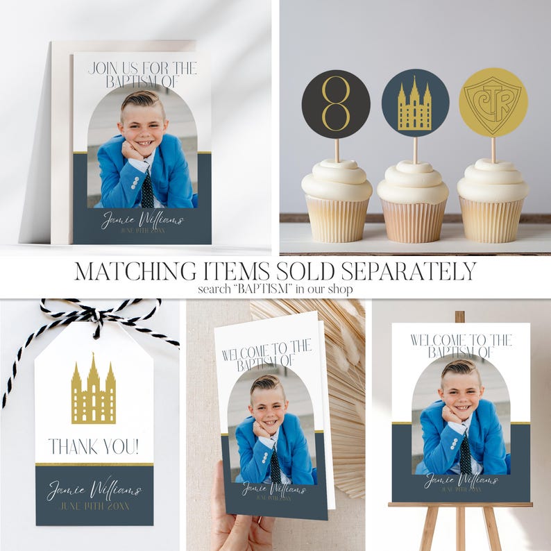 Puede incluir: Un conjunto de decoraciones imprimibles para una fiesta de bautizo en un esquema de color azul y dorado. El conjunto incluye un cartel de bienvenida, una etiqueta de agradecimiento y adornos para cupcakes con una iglesia, una cruz y el n&uacute;mero 8.