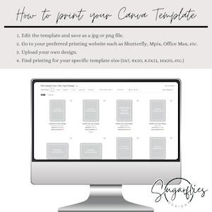 Puede incluir: Una pantalla de ordenador que muestra una p&aacute;gina de carga de plantilla de Canva con el texto "Flat Upload Your Own Card Design". La p&aacute;gina muestra varios marcadores de posici&oacute;n rectangulares grises para cargar dise&ntilde;os. El texto "Upload Your Design" se muestra en cada marcador de posici&oacute;n. La pantalla est&aacute; sobre un fondo blanco con el texto "Sugarflies Designs" debajo.