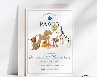 Op de afbeelding: Een verjaardagsuitnodiging met een pootprint en de tekst "Doe mee met ons voor een Pawty" om de 8e verjaardag van Jamie te vieren. De uitnodiging bevat een kleurrijke illustratie van vier honden die feestmutsen dragen en cadeautjes vasthouden.