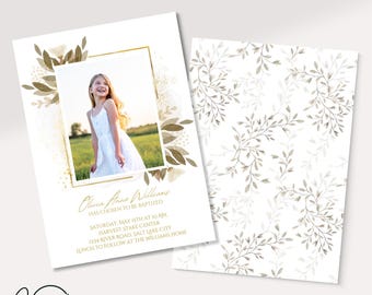 May include: A white baptism invitation with a gold frame and floral design. The invitation includes a photo of a young girl in a white dress and the text "Olivia Anne Williams has chosen to be baptized. Saturday, May 15th at 10 am Harvest Stake Center 1234 River Road, Salt Lake City Lunch to follow at the Williams home."