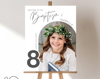 May include: White sign with a photo of a girl wearing a white dress and a flower crown. The sign says "Welcome to the Baptism of Isabella" and "Choose the Right!" with the number 8 in gray.