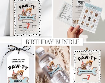 Lets Pawty Birthday Bundle, Lets Pawty invitation, puppy adoption certificate, adopt a puppy, Dog Birthday Bundle, Canva Template, Photo