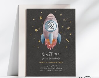 Tarjeta de invitación de cumpleaños espacial, invitación a fiesta espacial, plantilla espacial, invitación espacial personalizada, invitación a fiesta de cumpleaños de niño
