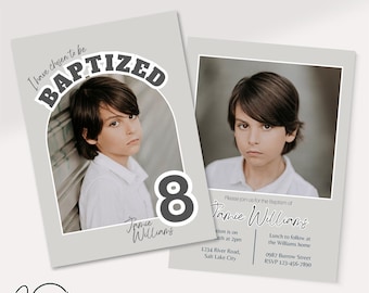 Boys LDS baptism invitation, Modern LDS baptism announcement, Boy baptism card, baptism invite, editable Canva template, digital download