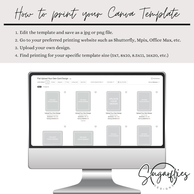Pu&ograve; includere: Uno schermo di computer che mostra un modello Canva con istruzioni su come stamparlo. Lo schermo mostra un sito web con il testo "Flat Upload Your Own Card Design" e una sezione con il testo "Upload Your Design".