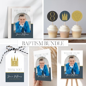 Boy LDS Baptism Bundle, Modern Boy Baptism Invitation, Custom Baptism, LDS Baptism Invite, Gold Blue, Printable  Baptism Canva Template