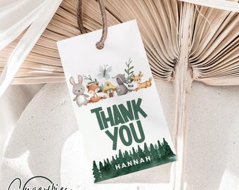 Etiquetas de agradecimiento para baby shower con temática de bosque, etiquetas de obsequios para baby shower, etiquetas para baby shower, baby shower boho, plantilla editable, etiquetas imprimibles