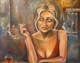 Dipinto acrilico originale "Il pezzo mancante", 50 x 70 cm, ritratto di donna, arte murale, tela figurativa romantica, pronto per essere appeso.