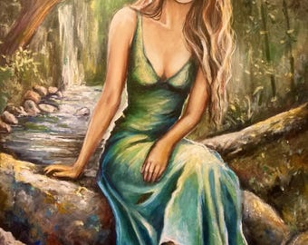 Original Acrylic PaintingThe girl from the stream, 50x70cm, Woman Portrait Wall Art, Romantic Figurative Canvas, Ready to Hang