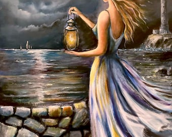 Cuadro acrílico original "Guardián del faro", 50 x 70 cm, retrato de mujer, arte mural, lienzo figurativo romántico, listo para colgar.
