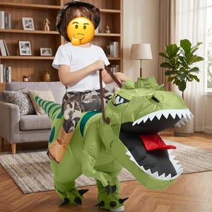 May include: A child wearing a green inflatable dinosaur costume with a large open mouth, white teeth, and a red tongue. The costume has a saddle and reins. The child is wearing a white t-shirt, camouflage pants, and a hat.