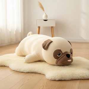 Kawaii mops plyschkudde, stor hundgosedjur för barns födelsedagspresent, mjuk goskompis, barnrumsinredning, unik present till husdjursälskare, mysig