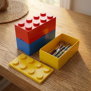 May include: A red and blue storage container shaped like a large building block, with a yellow lid. A yellow container holds scissors and pens. The containers are on a wooden surface.
