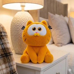 Puede incluir: Un peluche naranja con forma de gato con grandes ojos blancos, bigotes negros y una nariz rosa. El peluche está sentado en una mesita de noche blanca junto a una lámpara y una cama con almohadas. El juguete es un personaje de dibujos animados popular.