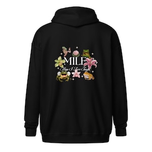 May include: Black hooded sweatshirt with a graphic design featuring the word "MILE" with the text "Man I Love Frogs" underneath. The design includes illustrations of frogs and flowers in various colors.