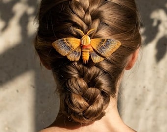 Handmade Amber Sphinx Moth Hair Clip, Brooch, Marbled Wing Accessory, Cottagecore Nature Gift