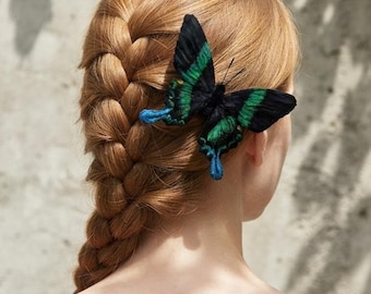 Handmade Emerald Swallowtail Butterfly Hair Clip, Brooch, Realistic Fiber Art, Gift for Her