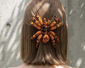 Handmade Orange Black Tarantula Hair Clip, Poseable Legs, Gothic Halloween Accessory