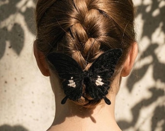 Velvet Black Butterfly Hair Claw, Poseable Wings, Gothic Accessory