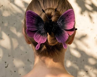 Handmade Magenta Butterfly Hair Claw, Poseable Fiber Art, Gift for Her