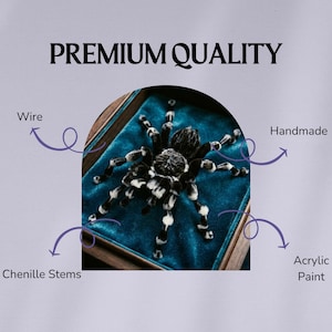 May include: A black and white spider figurine resting on a teal velvet surface inside a wooden frame. The image includes the text PREMIUM QUALITY and labels pointing to the materials: Wire, Handmade, Chenille Stems, and Acrylic Paint.