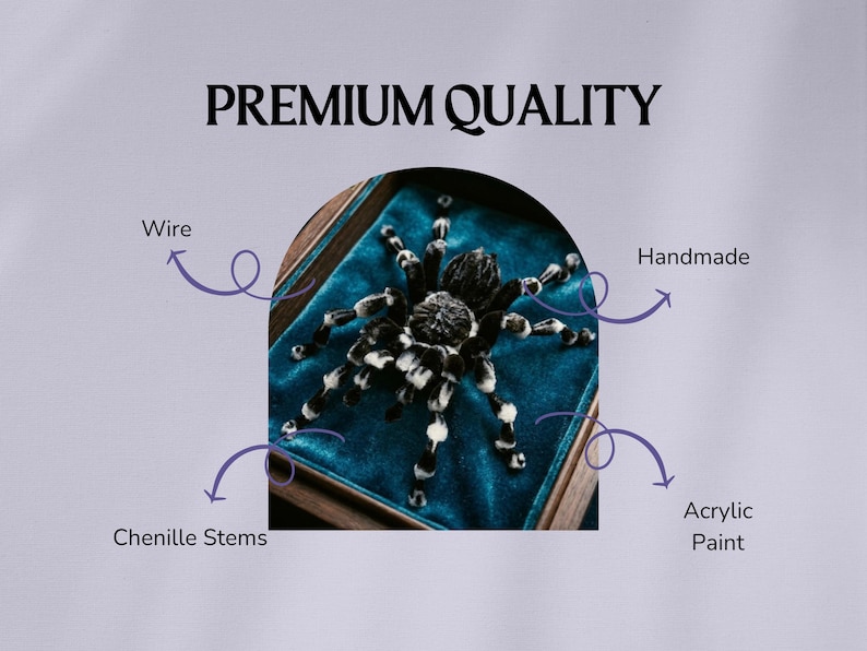 May include: A black and white spider figurine resting on a teal velvet surface inside a wooden frame. The image includes the text PREMIUM QUALITY and labels pointing to the materials: Wire, Handmade, Chenille Stems, and Acrylic Paint.