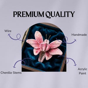 May include: A pink butterfly hair accessory made from chenille stems, wire, and acrylic paint, presented in a dark blue velvet-lined box. The text PREMIUM QUALITY, Wire, Handmade, Chenille Stems, and Acrylic Paint are visible on the image.