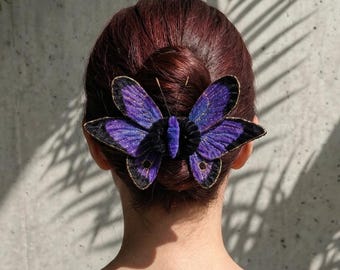 Gilded Nightshade Butterfly Hair Clip, Large 3D Chenille Accessory, Poseable Wings, Purple Gold Jewelry