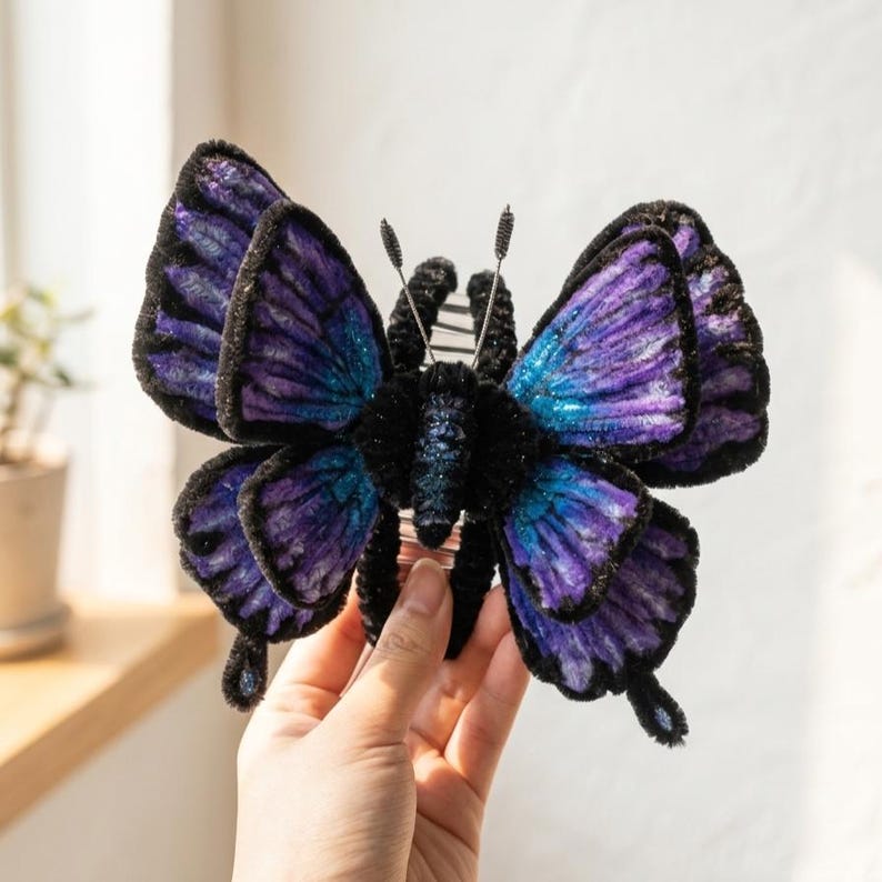 May include: A handcrafted butterfly decoration with a black body and wings in shades of purple and blue. The wings have a velvety texture and are outlined in black. The butterfly has delicate antennae.