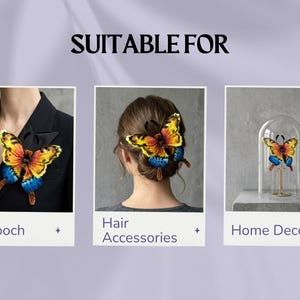 May include: Image showcasing a butterfly-shaped accessory, suitable for a brooch, hair accessory, or home decor. The butterfly features vibrant yellow, orange, and blue wings. The text "SUITABLE FOR" is displayed above the images.