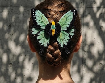 Green Swallowtail Butterfly Hair Claw, 3D Chenille Accessory, Poseable Wings, Nature Inspired Gift