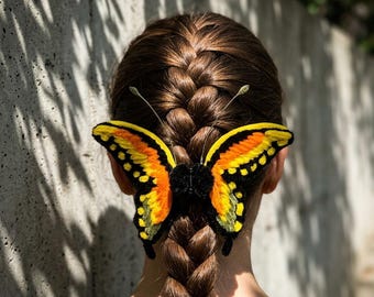 Chenille Butterfly Hair Claw Clip, Orange Yellow Monarch, Poseable Wings, Nature Accessory
