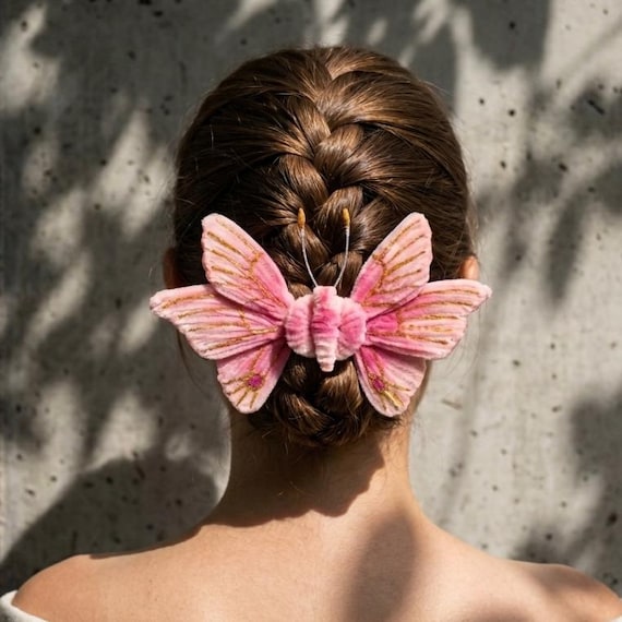 Pink Swallowtail Butterfly Hair Clip, 3D Fiber Art Accessory, Soft Blush Chenille Wings