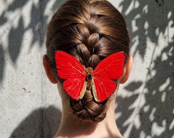 Vibrant Red Butterfly Hair Clip, Brooch, Velvet Accessory, Gift For Her