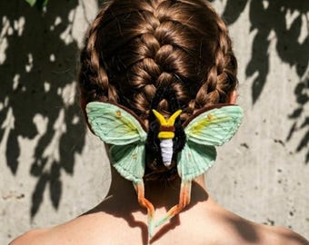 Handmade Luna Moth Hair Clip, 3D Fiber Art Accessory, Fairycore