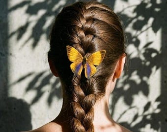Yellow Swallowtail Butterfly Hair Clip, 3D Fiber Art, Amethyst Purple Gold Wings