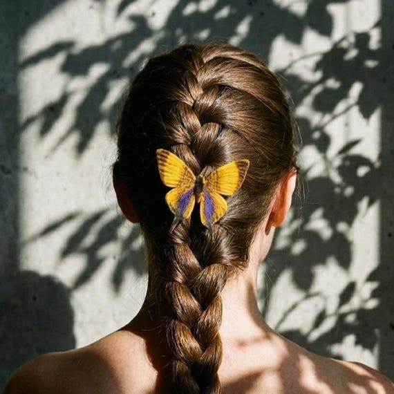 Yellow Swallowtail Butterfly Hair Clip, 3D Fiber Art, Amethyst Purple Gold Wings