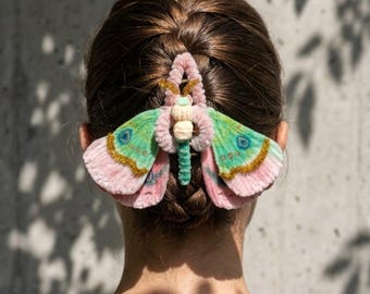 Handmade Fairy Moth Hair Clip, 3D Fiber Art Accessory, Nature Inspired Pastel Tones