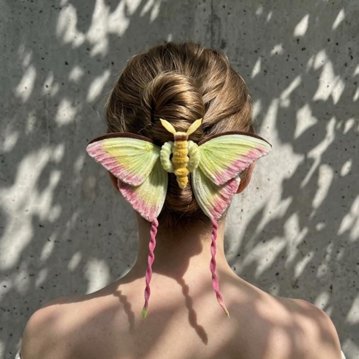Handmade Luna Moth Hair Clip, Whimsical Chenille Fairy Accessory, Cottagecore Nature Gift