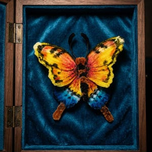 Puede incluir: Una escultura de mariposa artesanal hecha de limpiapipas difusos en tonos vibrantes de amarillo, naranja y negro con acentos azul brillante en las alas inferiores, exhibida dentro de una caja de madera oscura forrada con terciopelo azul cerceta.