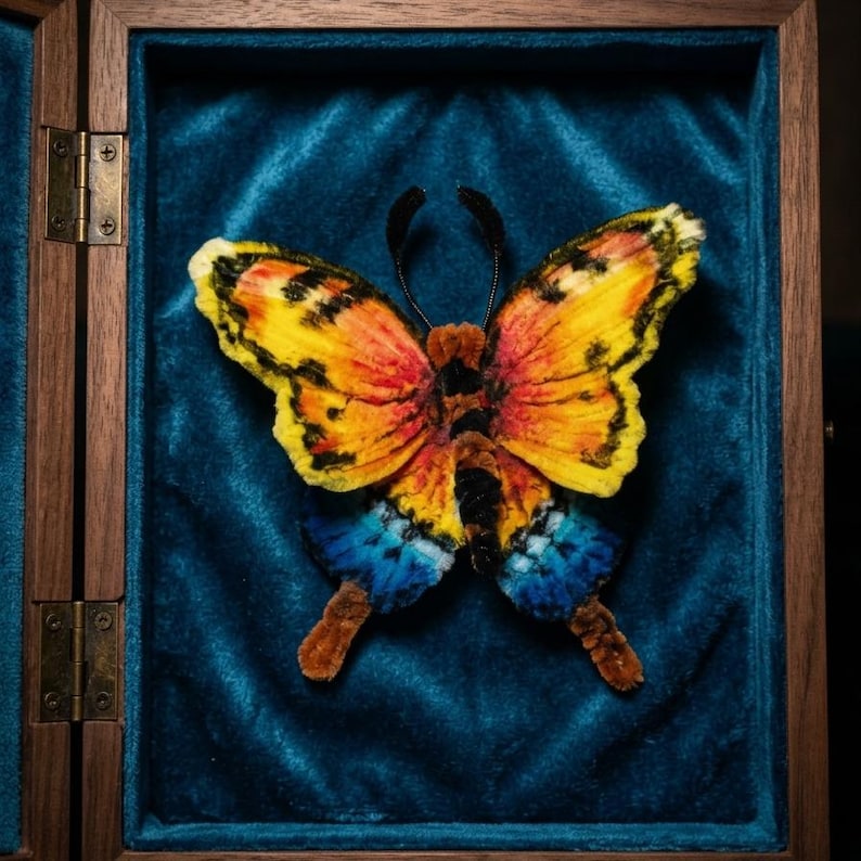 Puede incluir: Una escultura de mariposa artesanal hecha de limpiapipas difusos en tonos vibrantes de amarillo, naranja y negro con acentos azul brillante en las alas inferiores, exhibida dentro de una caja de madera oscura forrada con terciopelo azul cerceta.
