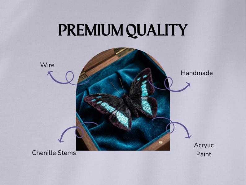May include: A handmade butterfly made with chenille stems, wire, and acrylic paint, displayed in a wooden box with a teal velvet lining. The butterfly has black and teal wings. The text "PREMIUM QUALITY" is at the top.