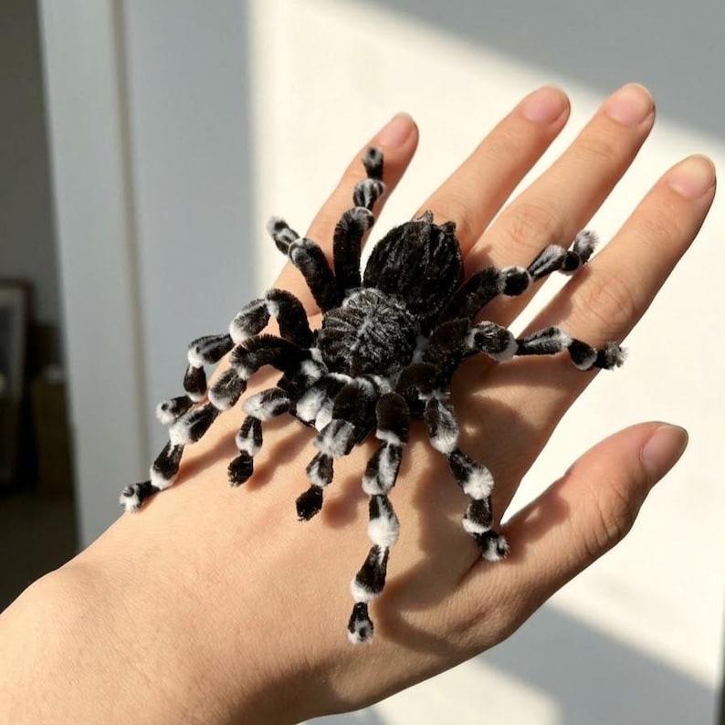 May include: A spider-shaped accessory crafted from black and white fuzzy pipe cleaners. The decorative item features a central rounded body and eight articulated legs with alternating black and white segments, designed to be worn on the back of the hand.
