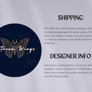 May include: A navy blue circular logo with a gold butterfly design and the words "Between Wings" in white script. The image also includes text about shipping and designer information.