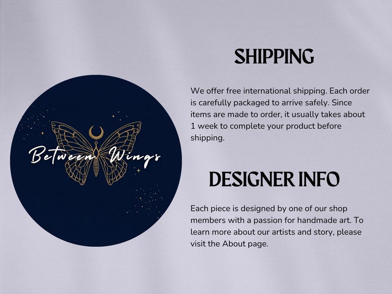 May include: A navy blue circular logo with a gold butterfly design and the words "Between Wings" in white script. The image also includes text about shipping and designer information.