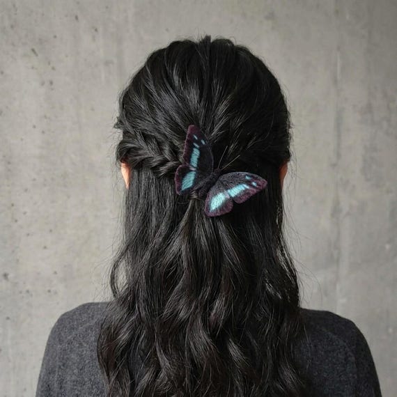 Purple Teal Butterfly Fiber Art Hair Clip, Poseable Brooch Pin, Wedding Guest Accessory