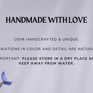 May include: A light purple background with the text "HANDMADE WITH LOVE". Additional text states "100% HANDCRAFTED & UNIQUE. VARIATIONS IN COLOR AND DETAIL ARE NATURAL. IMPORTANT: PLEASE STORE IN A DRY PLACE AND KEEP AWAY FROM WATER."
