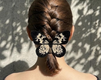 Black White Butterfly Hair Clip, Gothic Fiber Art Accessory, Poseable Wings, Gift For Her