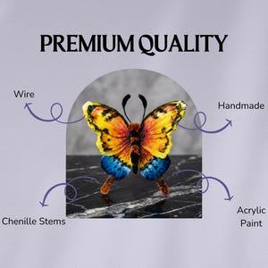 Puede incluir: Una mariposa artesanal con alas amarillas, naranjas y azules con marcas negras. El texto PREMIUM QUALITY aparece en la parte superior. Flechas se&ntilde;alan a la mariposa con etiquetas que dicen Wire, Handmade, Chenille Stems y Acrylic Paint.