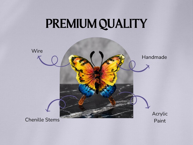 Puede incluir: Una mariposa artesanal con alas amarillas, naranjas y azules con marcas negras. El texto PREMIUM QUALITY aparece en la parte superior. Flechas se&ntilde;alan a la mariposa con etiquetas que dicen Wire, Handmade, Chenille Stems y Acrylic Paint.